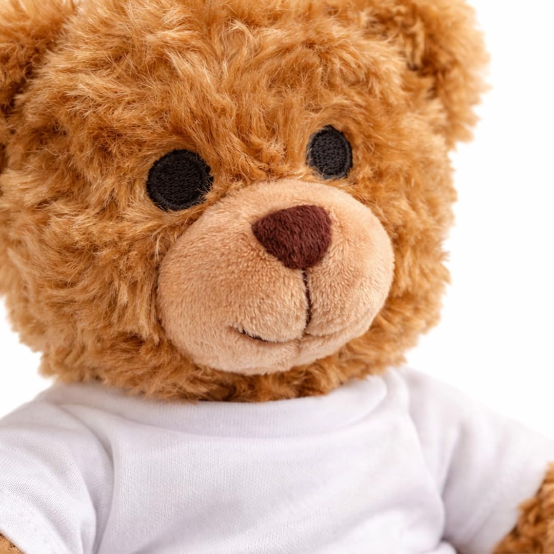 Kuscheltier Teddybär personalisiert – Flauschiges Plüschtier mit weißem T-Shirt zum Bedrucken – Weicher Teddybär für Babys & Kinder – Geschenk zur Geburt & Geburtstag