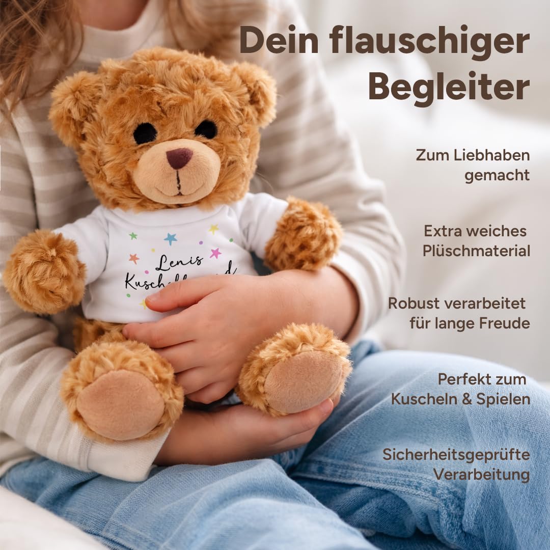 Kuscheltier Teddybär personalisiert – Flauschiges Plüschtier mit weißem T-Shirt zum Bedrucken – Weicher Teddybär für Babys & Kinder – Geschenk zur Geburt & Geburtstag