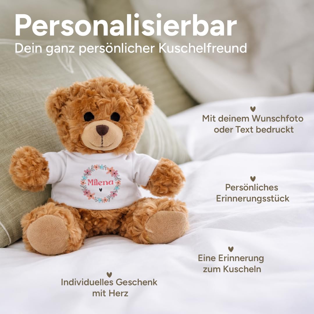 Kuscheltier Teddybär personalisiert – Flauschiges Plüschtier mit weißem T-Shirt zum Bedrucken – Weicher Teddybär für Babys & Kinder – Geschenk zur Geburt & Geburtstag