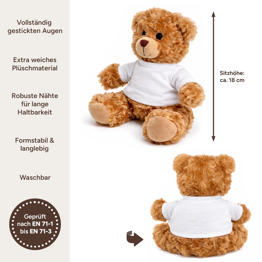 Kuscheltier Teddybär personalisiert – Flauschiges Plüschtier mit weißem T-Shirt zum Bedrucken – Weicher Teddybär für Babys & Kinder – Geschenk zur Geburt & Geburtstag
