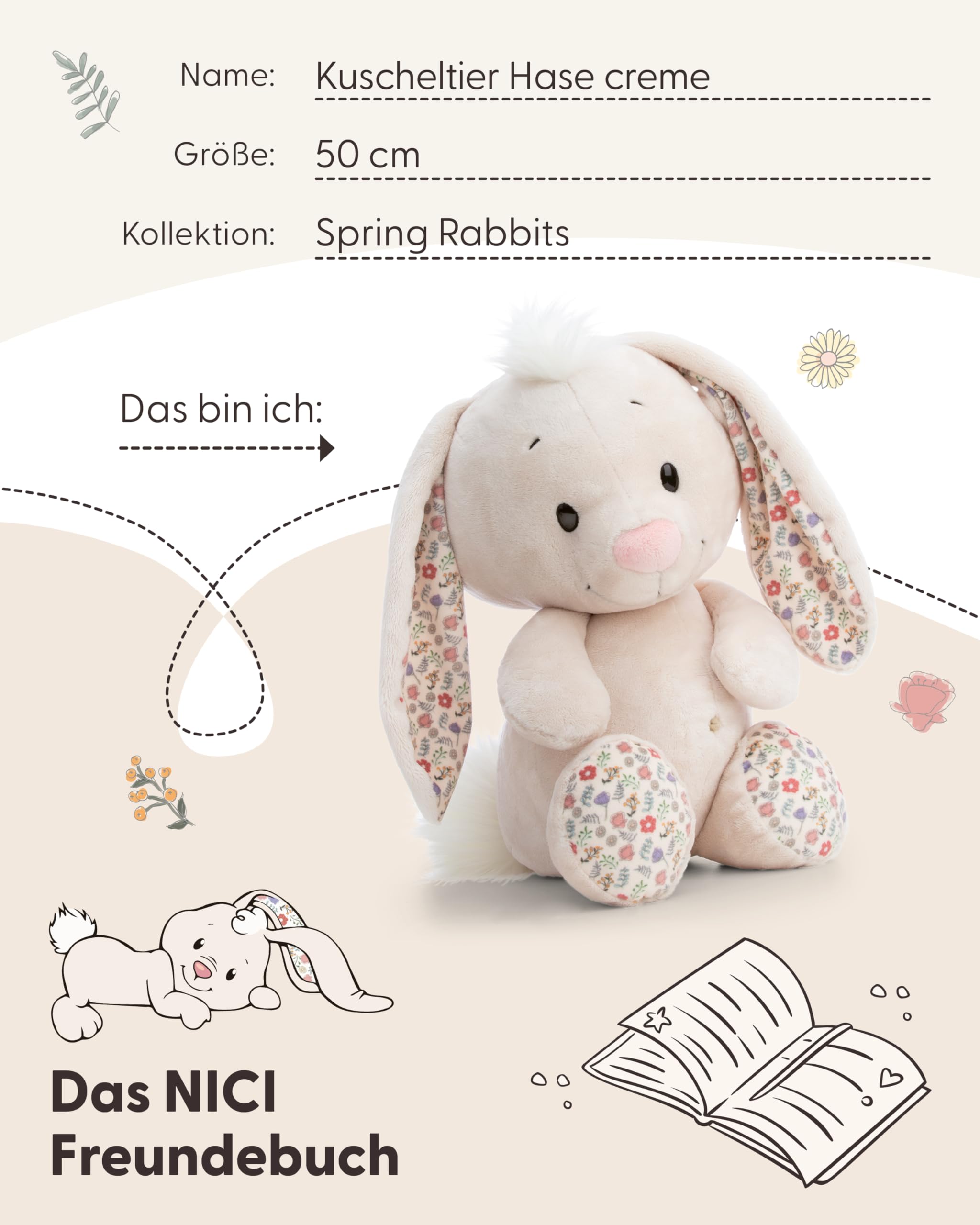 Kuscheltier Hase 50cm - beige - Stofftier aus weichem Plüsch, niedliches Plüschtier zum Kuscheln und Spielen, für Kinder & Erwachsene, tolle Geschenkidee | 62673