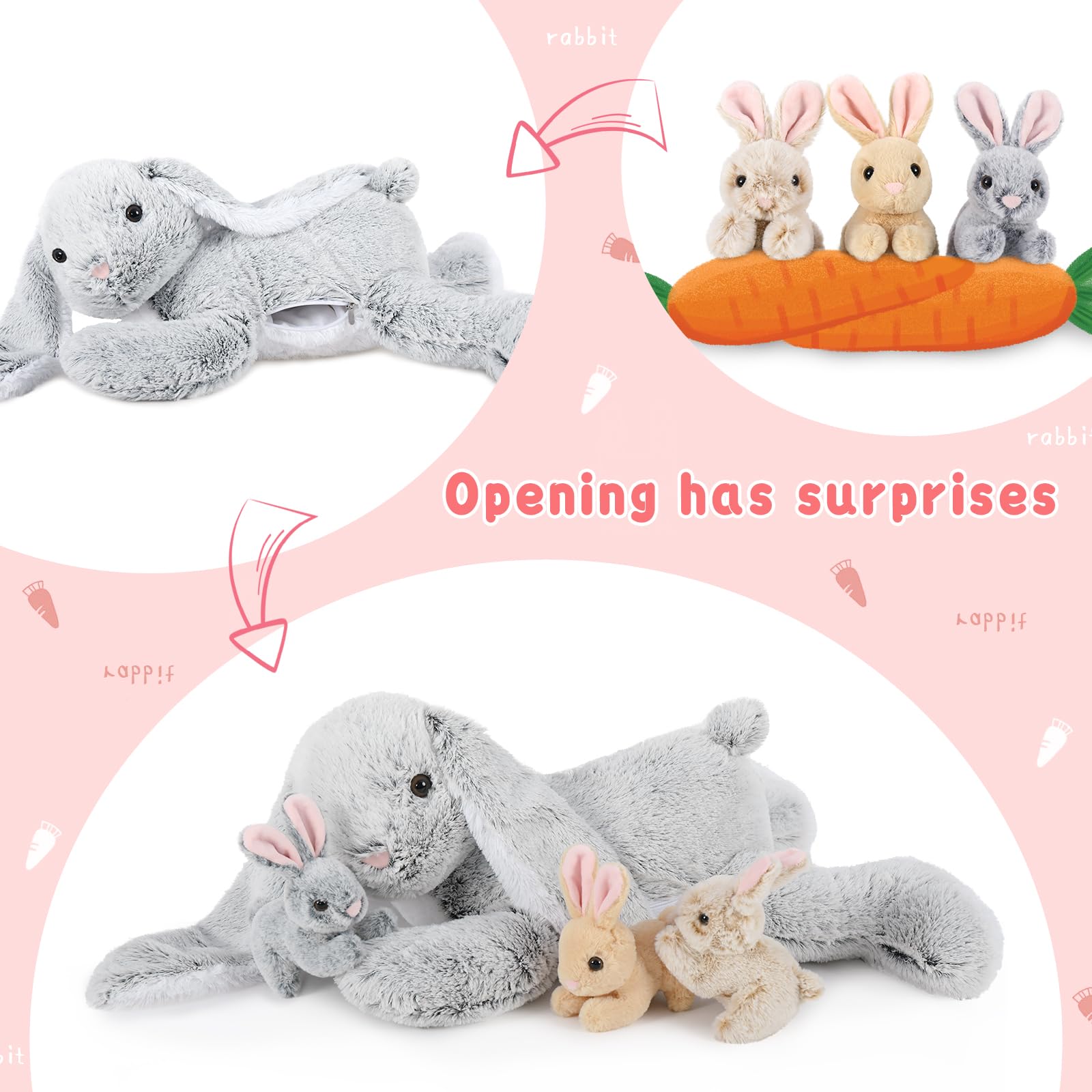 MorisMos Grau Kaninchen Hase Kuscheltier XXL, 60cm Riesen hase Plüschtier mit 3 Baby im Bauch, Groß Osternhase XXL Stofftier Weich Spielzeug, Ostern Geburtstag Weihnachten Geschenk für Kinder