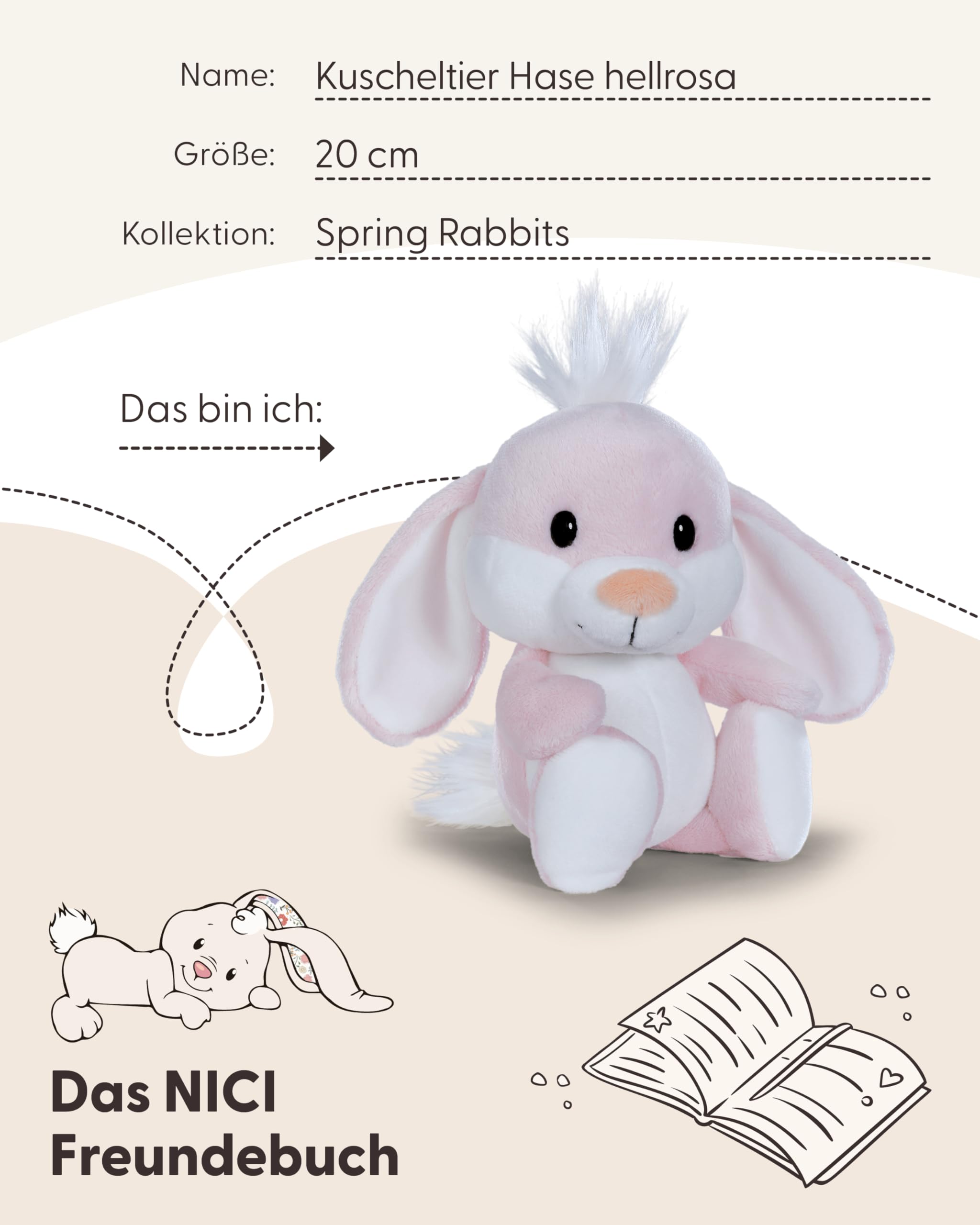 NICI Kuscheltier Hase 20cm - Hellrosa - Stofftier aus weichem Plüsch, niedliches Plüschtier zum Kuscheln und Spielen, für Kinder & Erwachsene, tolle Geschenkidee - 62677