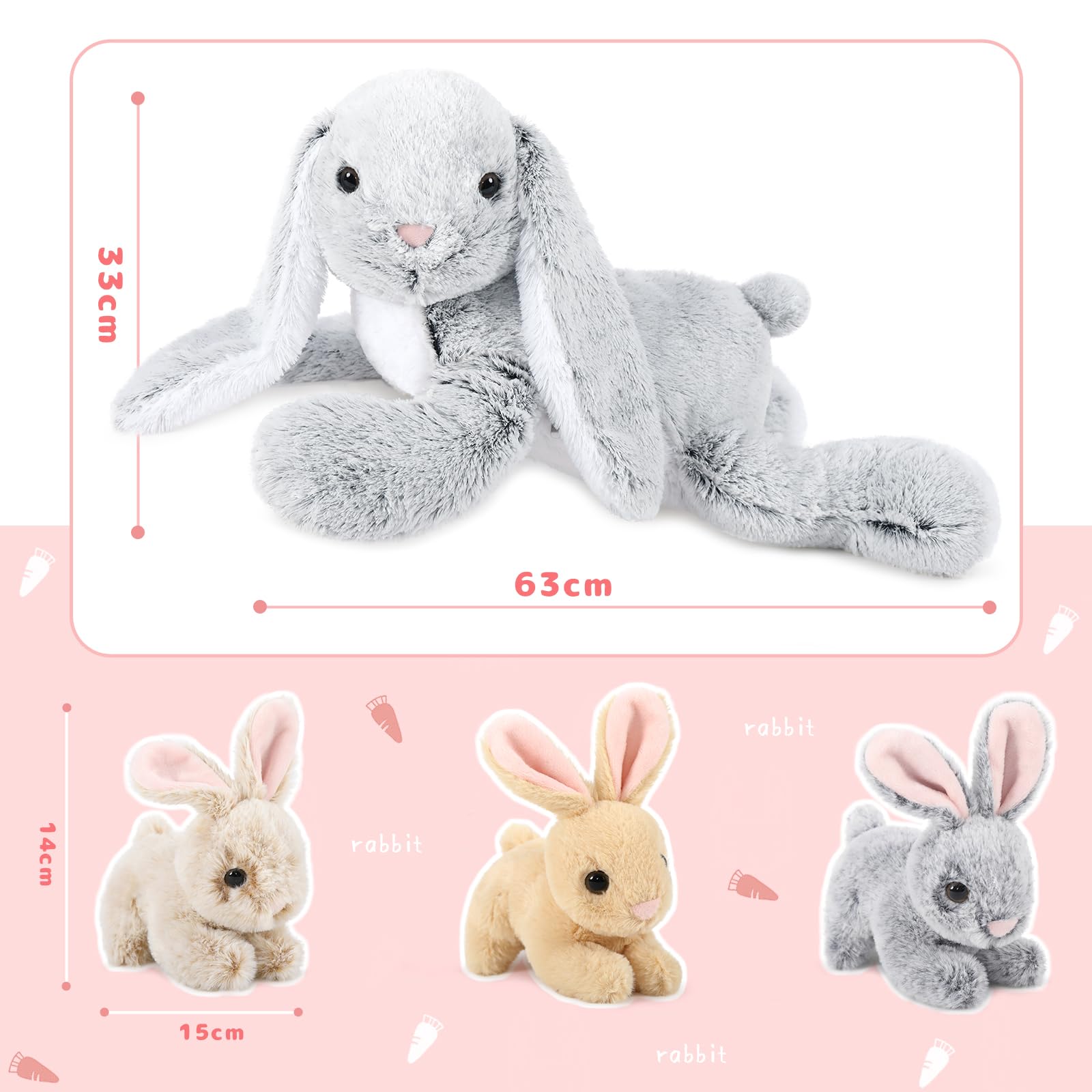 MorisMos Grau Kaninchen Hase Kuscheltier XXL, 60cm Riesen hase Plüschtier mit 3 Baby im Bauch, Groß Osternhase XXL Stofftier Weich Spielzeug, Ostern Geburtstag Weihnachten Geschenk für Kinder