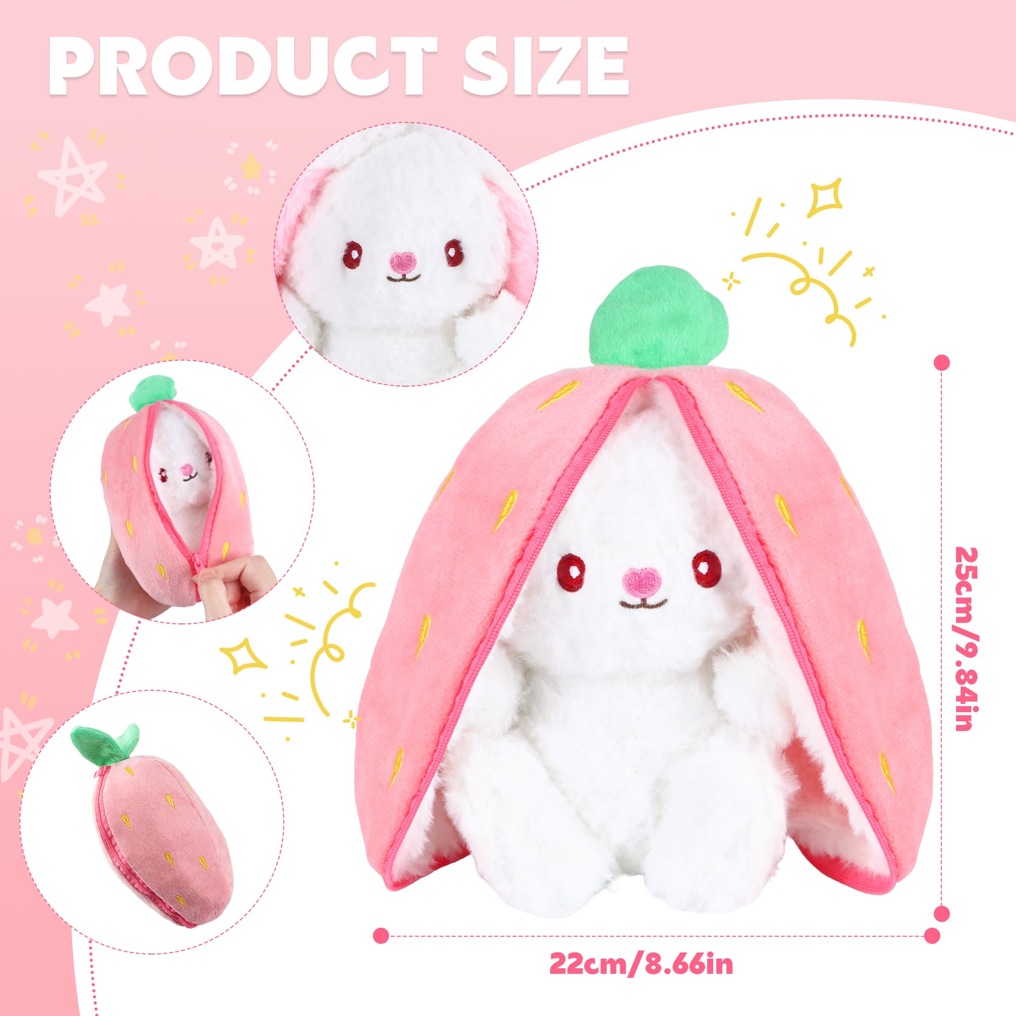 YiliYa Hasen Verstecken 25CM Erdbeer Kuscheltier Osterhase Plüschtier mit Reißverschluss Geburtstagsgeschenk für Jungen Mädchen Kinder