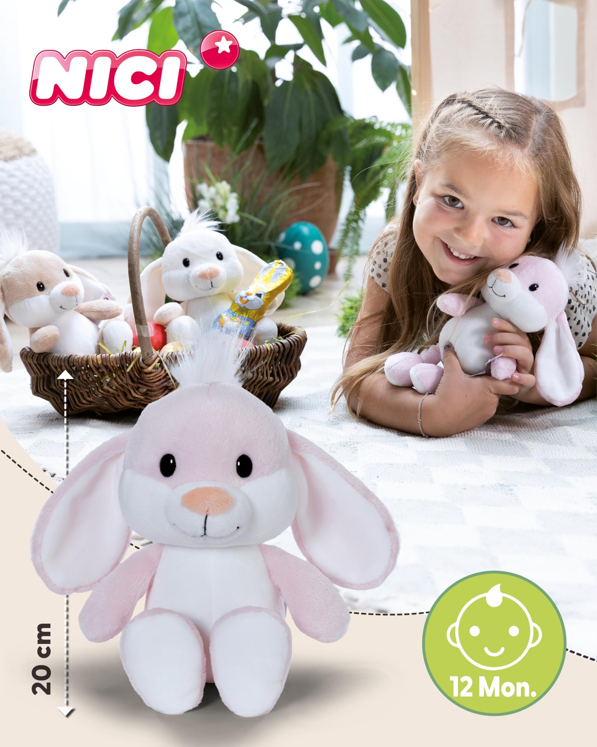 NICI Kuscheltier Hase 20cm - Hellrosa - Stofftier aus weichem Plüsch, niedliches Plüschtier zum Kuscheln und Spielen, für Kinder & Erwachsene, tolle Geschenkidee - 62677