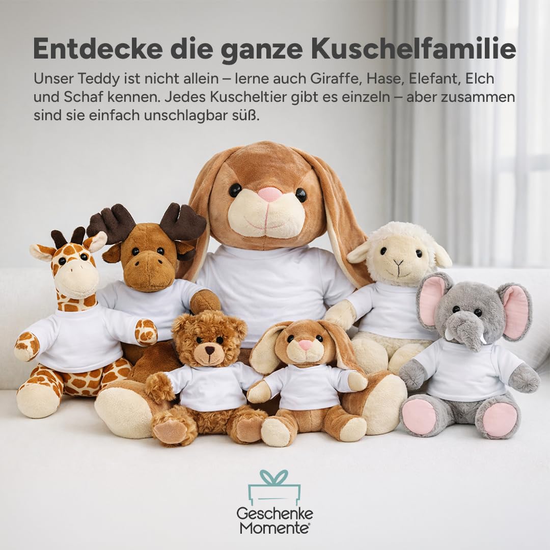 Kuscheltier Teddybär personalisiert – Flauschiges Plüschtier mit weißem T-Shirt zum Bedrucken – Weicher Teddybär für Babys & Kinder – Geschenk zur Geburt & Geburtstag