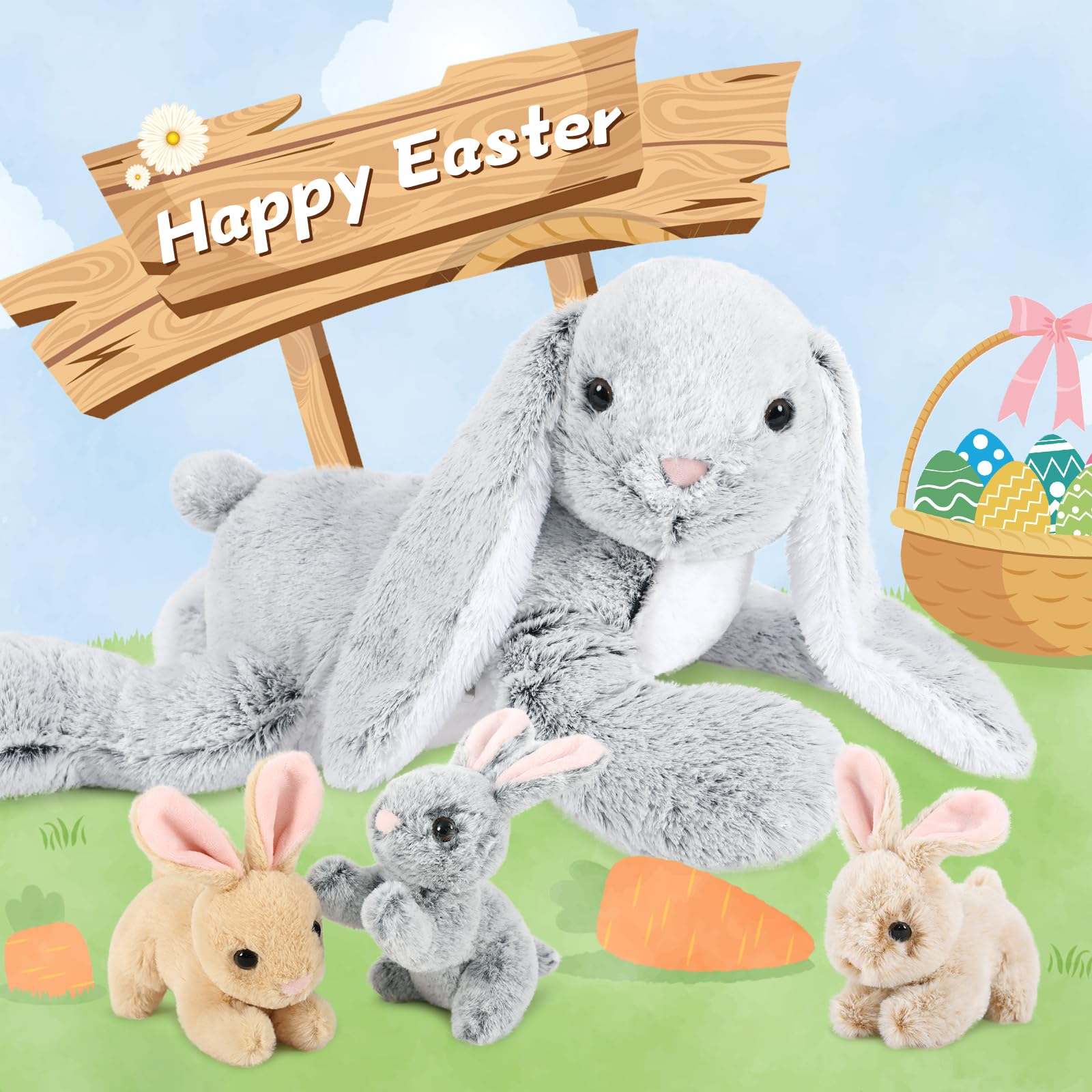 MorisMos Grau Kaninchen Hase Kuscheltier XXL, 60cm Riesen hase Plüschtier mit 3 Baby im Bauch, Groß Osternhase XXL Stofftier Weich Spielzeug, Ostern Geburtstag Weihnachten Geschenk für Kinder