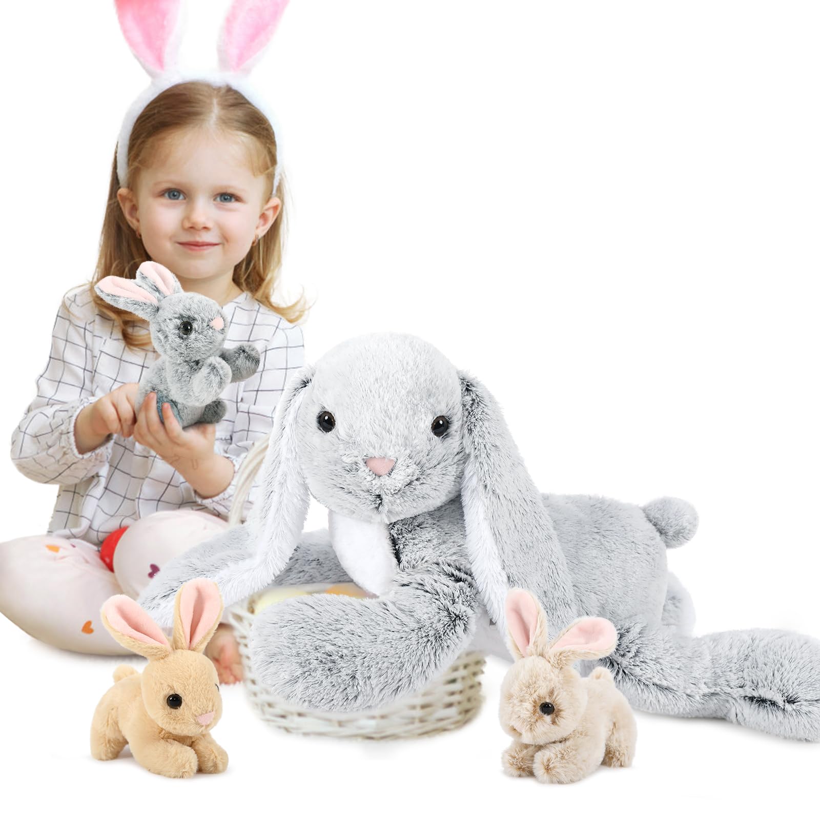 MorisMos Grau Kaninchen Hase Kuscheltier XXL, 60cm Riesen hase Plüschtier mit 3 Baby im Bauch, Groß Osternhase XXL Stofftier Weich Spielzeug, Ostern Geburtstag Weihnachten Geschenk für Kinder