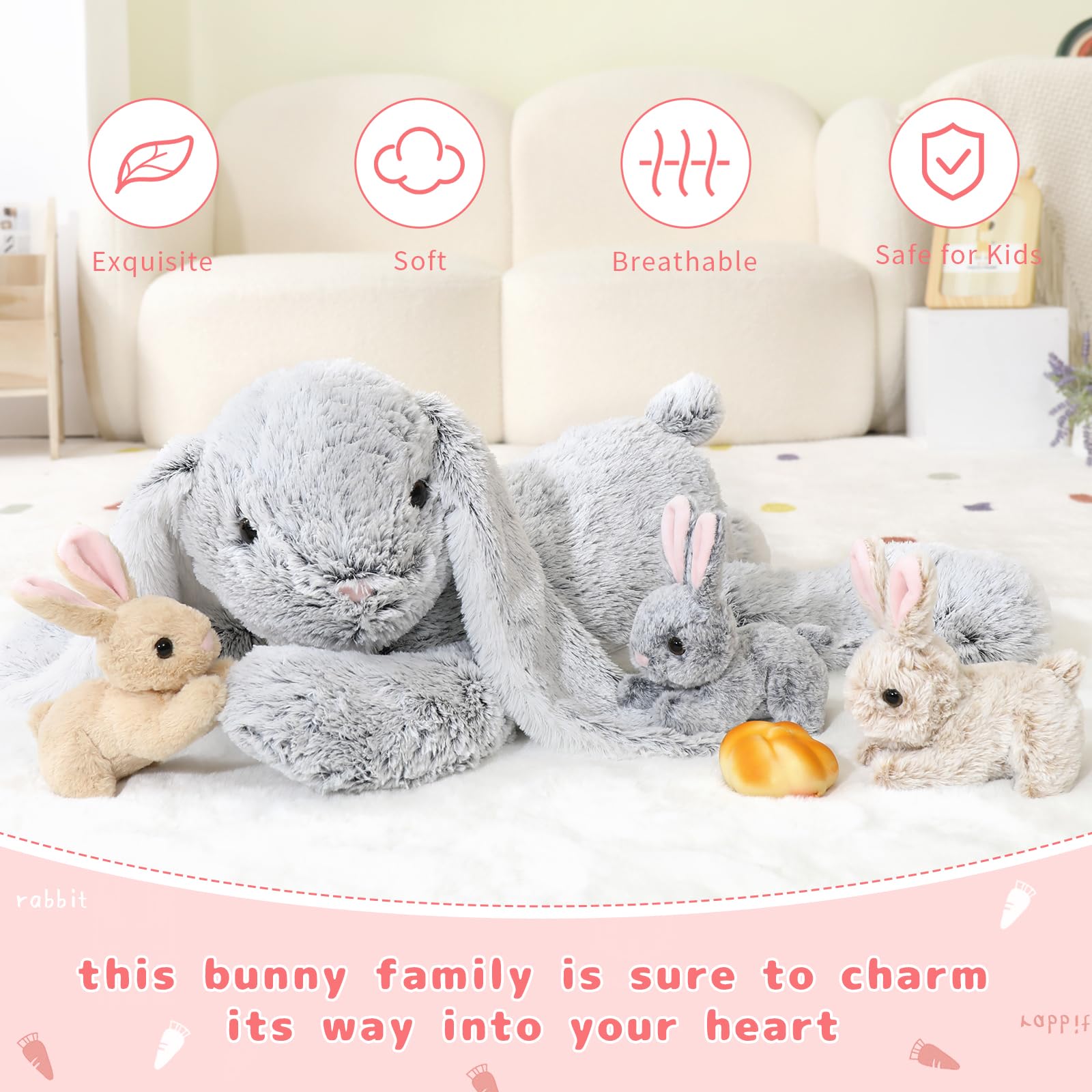 MorisMos Grau Kaninchen Hase Kuscheltier XXL, 60cm Riesen hase Plüschtier mit 3 Baby im Bauch, Groß Osternhase XXL Stofftier Weich Spielzeug, Ostern Geburtstag Weihnachten Geschenk für Kinder