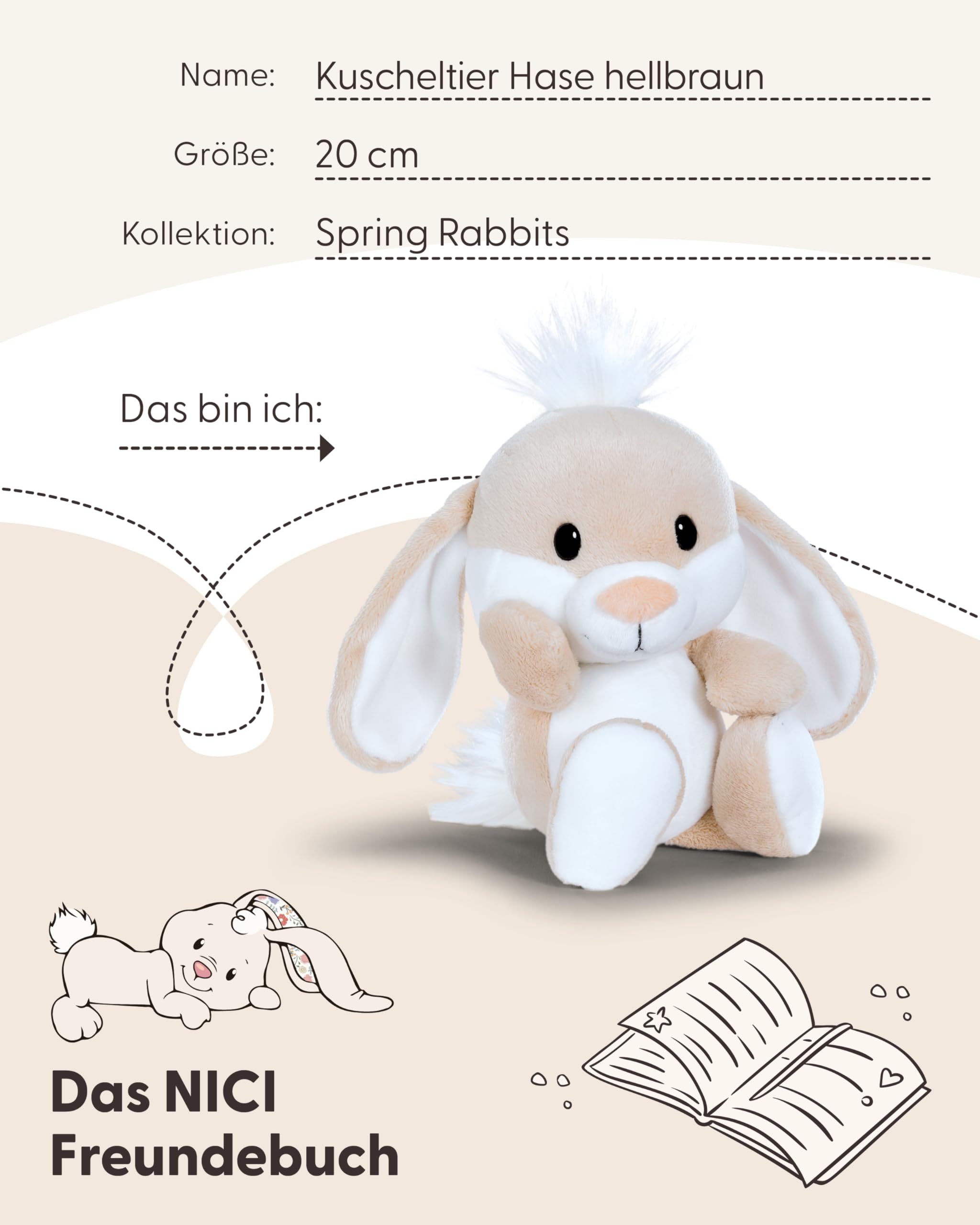 NICI Kuscheltier Hase 20cm - braun - Stofftier aus weichem Plüsch, niedliches Plüschtier zum Kuscheln und Spielen, für Kinder & Erwachsene, tolle Geschenkidee - 62676