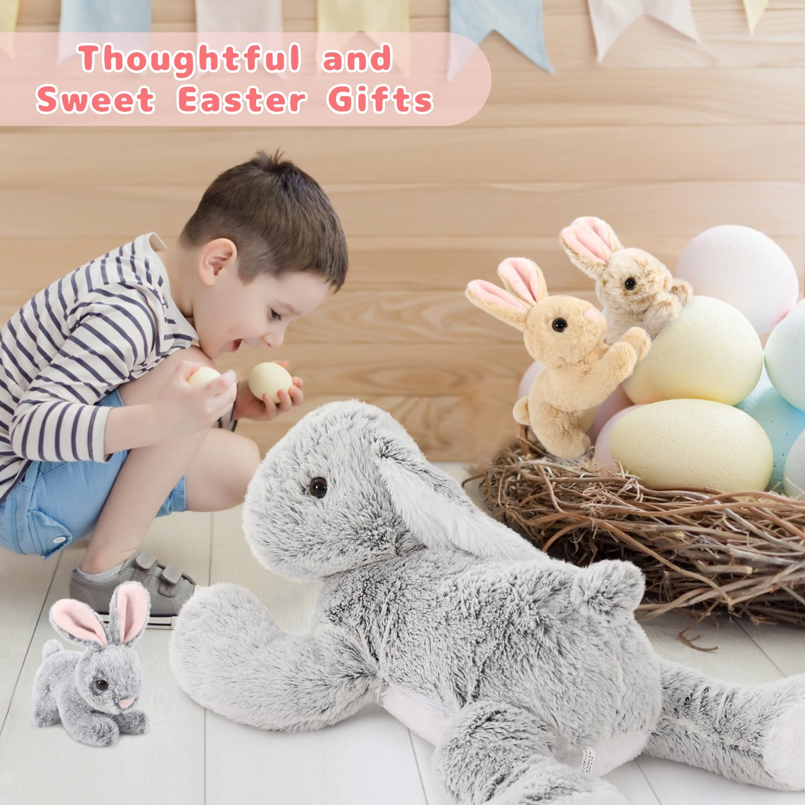 MorisMos Grau Kaninchen Hase Kuscheltier XXL, 60cm Riesen hase Plüschtier mit 3 Baby im Bauch, Groß Osternhase XXL Stofftier Weich Spielzeug, Ostern Geburtstag Weihnachten Geschenk für Kinder