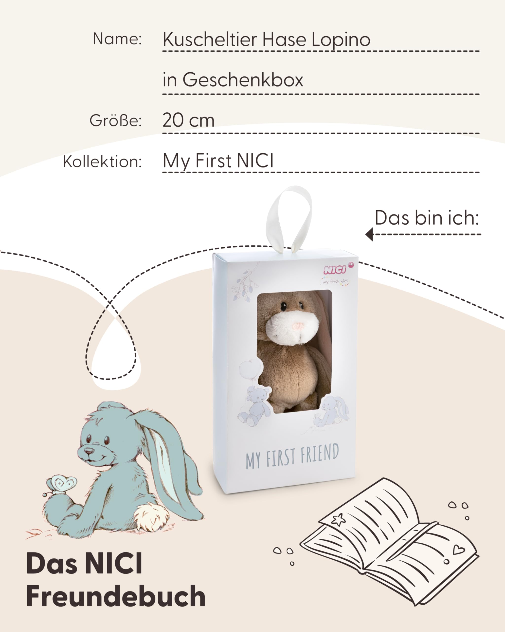 NICI Kuscheltier Hase Lopino 20cm in Geschenkbox 22,5x12,5x7cm - braun - Stofftier aus weichem Plüsch, niedliches Plüschtier zum Kuscheln und Spielen, für Babys & Kleinkinder
