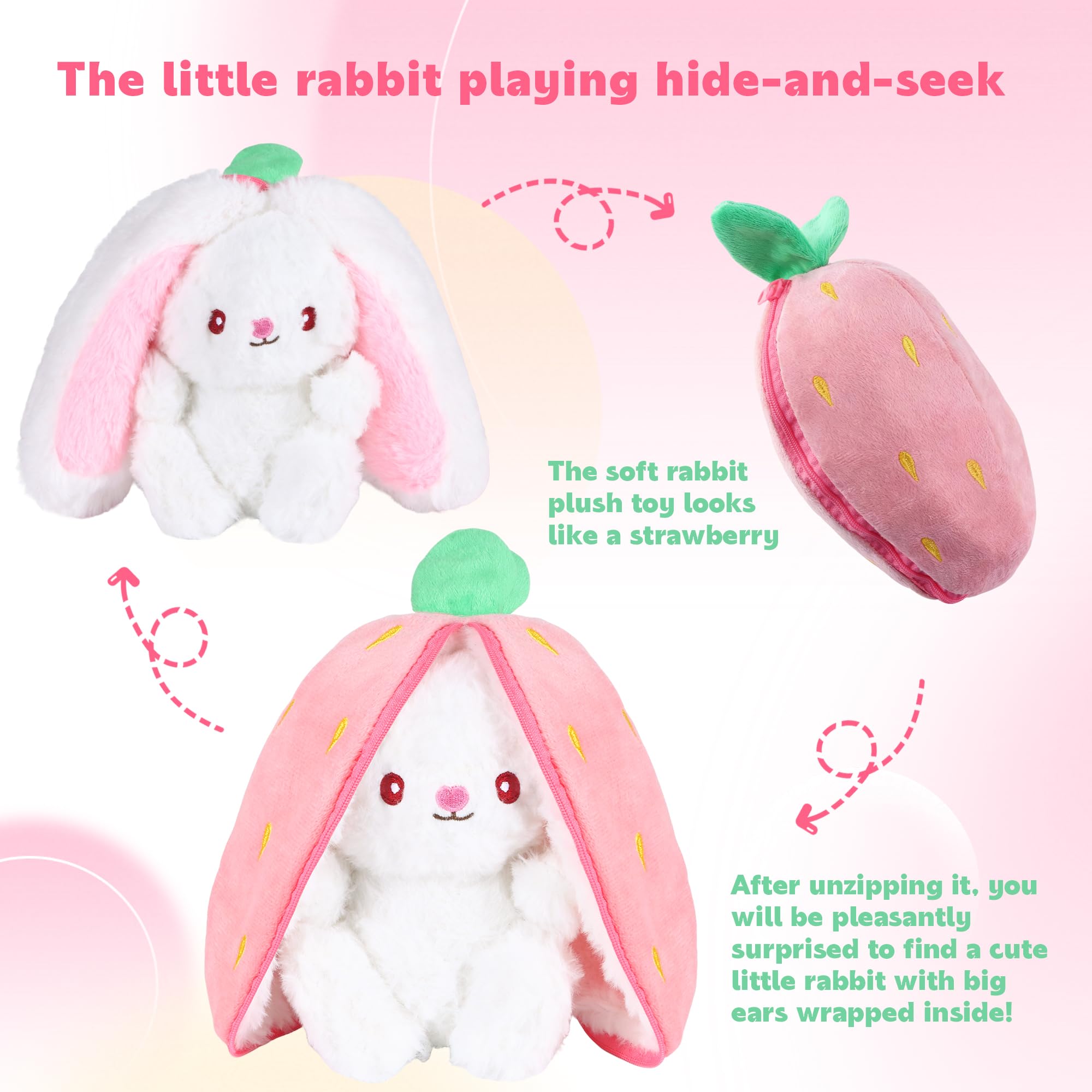 YiliYa Hasen Verstecken 25CM Erdbeer Kuscheltier Osterhase Plüschtier mit Reißverschluss Geburtstagsgeschenk für Jungen Mädchen Kinder