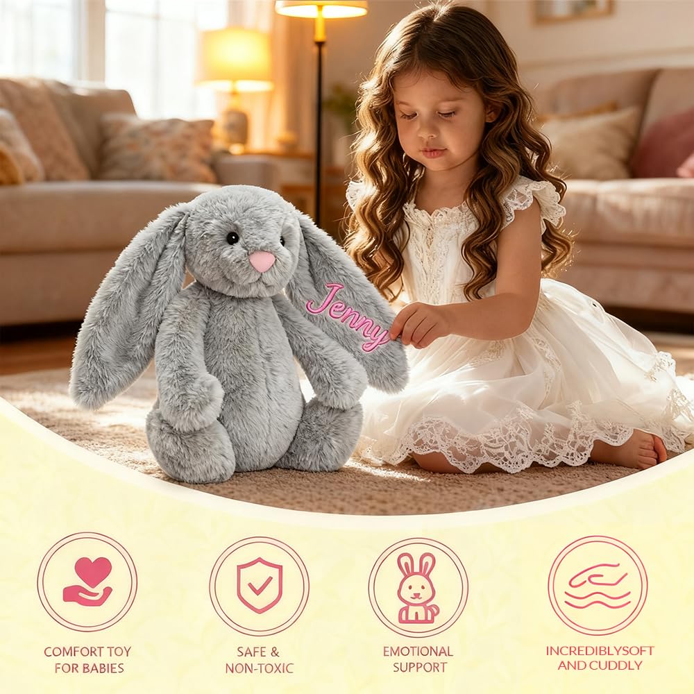 ZYHJJ Hase Personalisiertes Kuscheltier Weich Süß Hase Plüschtier Baby Geschenk, gestickten Text auf Ohren, Geschenkidee zur Geburt Geburtstag Ostern Weihnachten