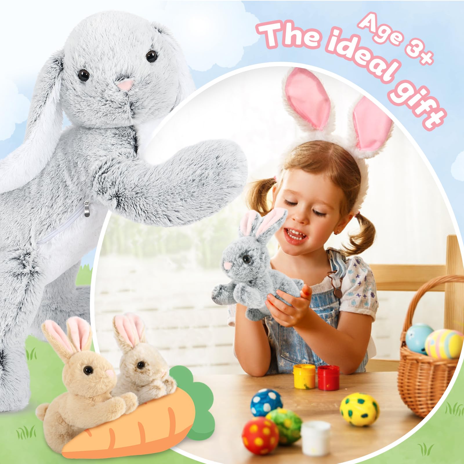 MorisMos Grau Kaninchen Hase Kuscheltier XXL, 60cm Riesen hase Plüschtier mit 3 Baby im Bauch, Groß Osternhase XXL Stofftier Weich Spielzeug, Ostern Geburtstag Weihnachten Geschenk für Kinder