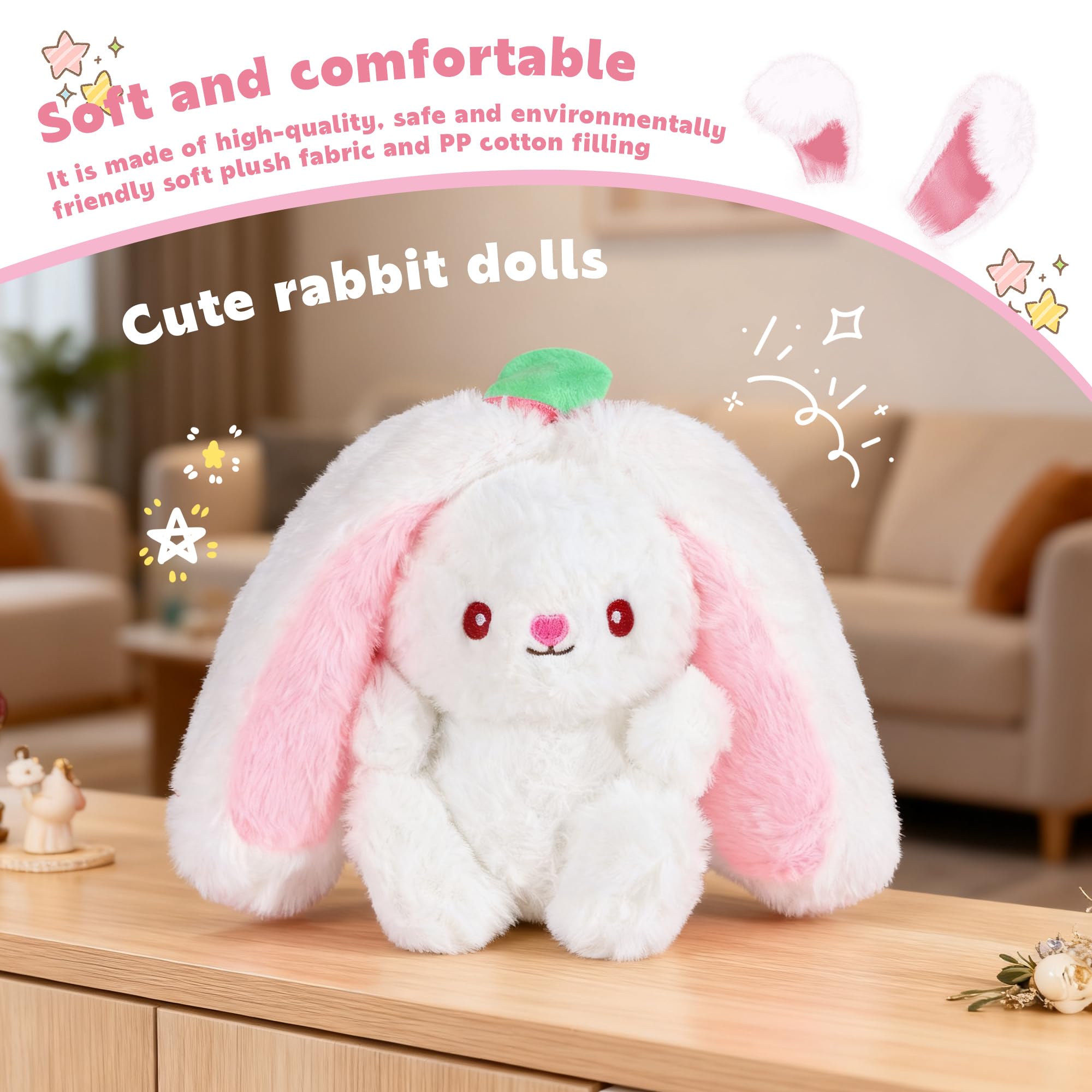 YiliYa Hasen Verstecken 25CM Erdbeer Kuscheltier Osterhase Plüschtier mit Reißverschluss Geburtstagsgeschenk für Jungen Mädchen Kinder