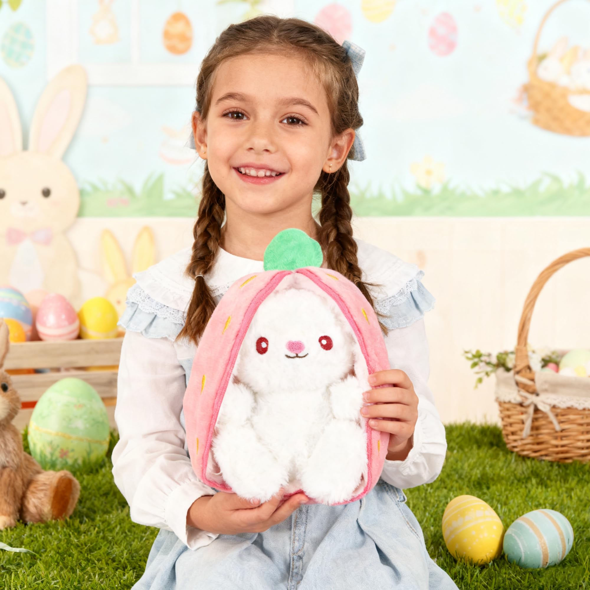 YiliYa Hasen Verstecken 25CM Erdbeer Kuscheltier Osterhase Plüschtier mit Reißverschluss Geburtstagsgeschenk für Jungen Mädchen Kinder