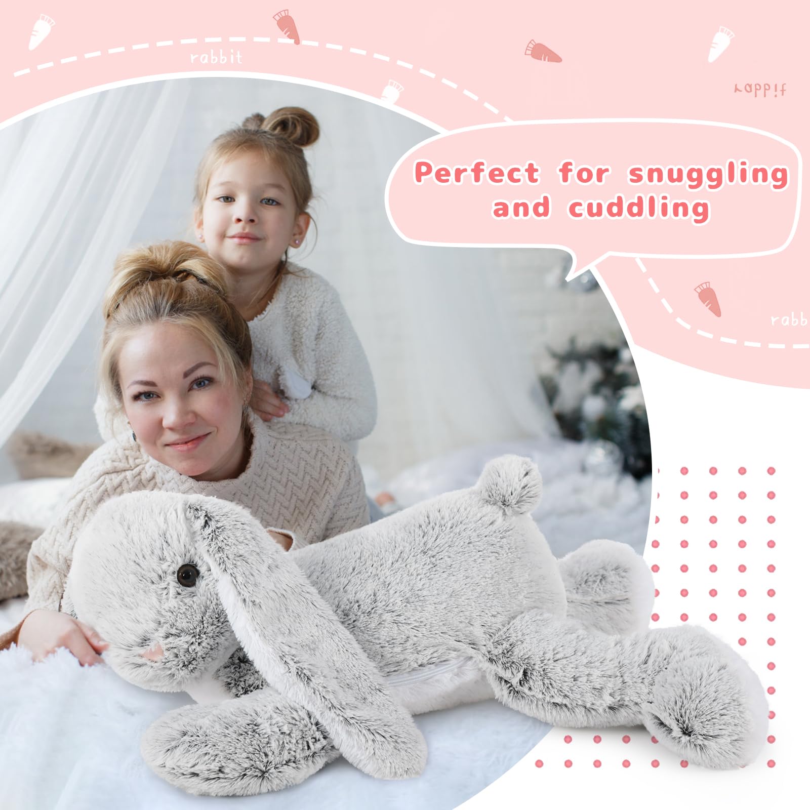 MorisMos Grau Kaninchen Hase Kuscheltier XXL, 60cm Riesen hase Plüschtier mit 3 Baby im Bauch, Groß Osternhase XXL Stofftier Weich Spielzeug, Ostern Geburtstag Weihnachten Geschenk für Kinder