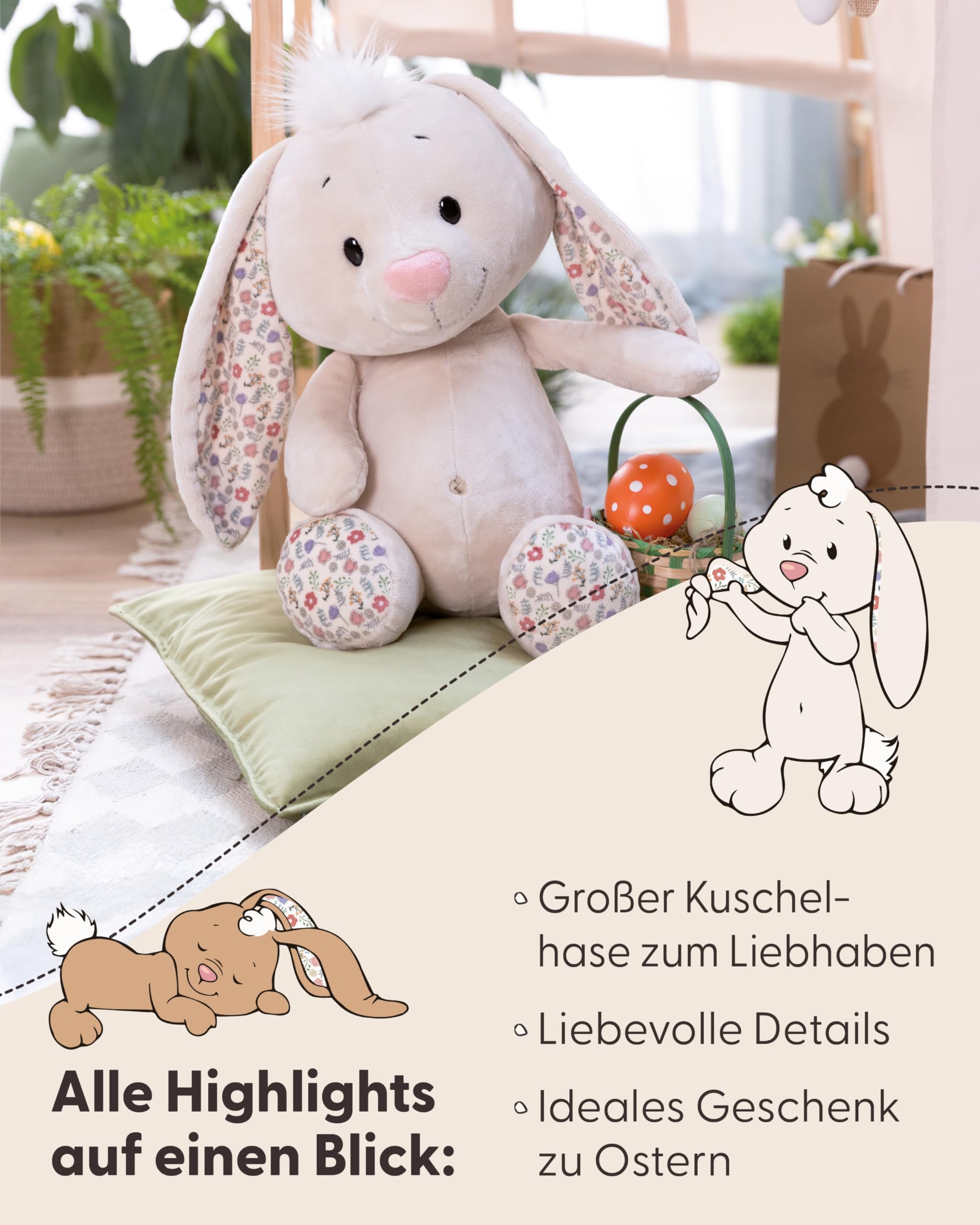 Kuscheltier Hase 50cm - beige - Stofftier aus weichem Plüsch, niedliches Plüschtier zum Kuscheln und Spielen, für Kinder & Erwachsene, tolle Geschenkidee | 62673
